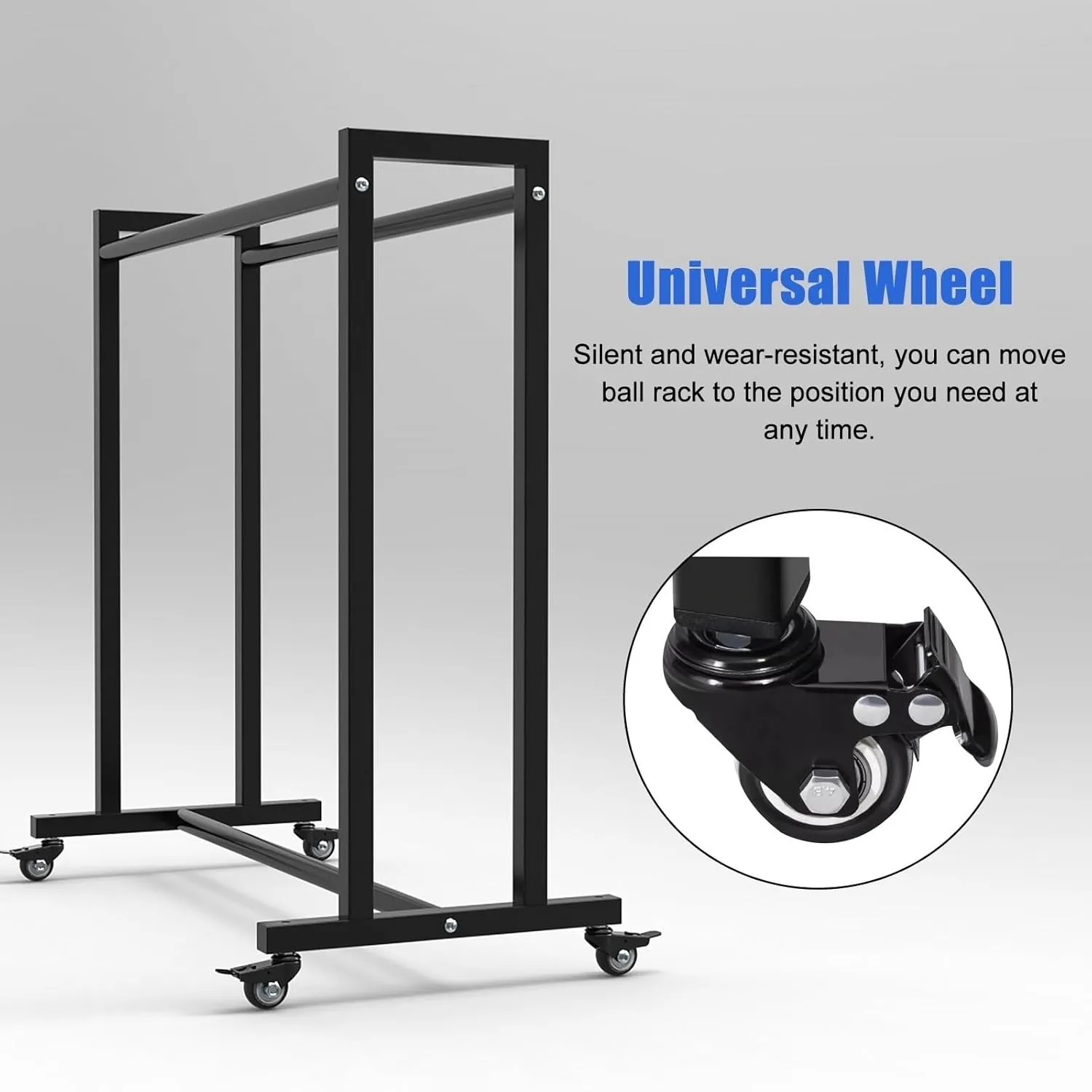 Rolling Hanging Racket Organizer Rack, Black Steel Freestanding Tennis Badminton Racquet Display Rack for Schools/Garage/Retail Store, with 360° Lockable Wheels