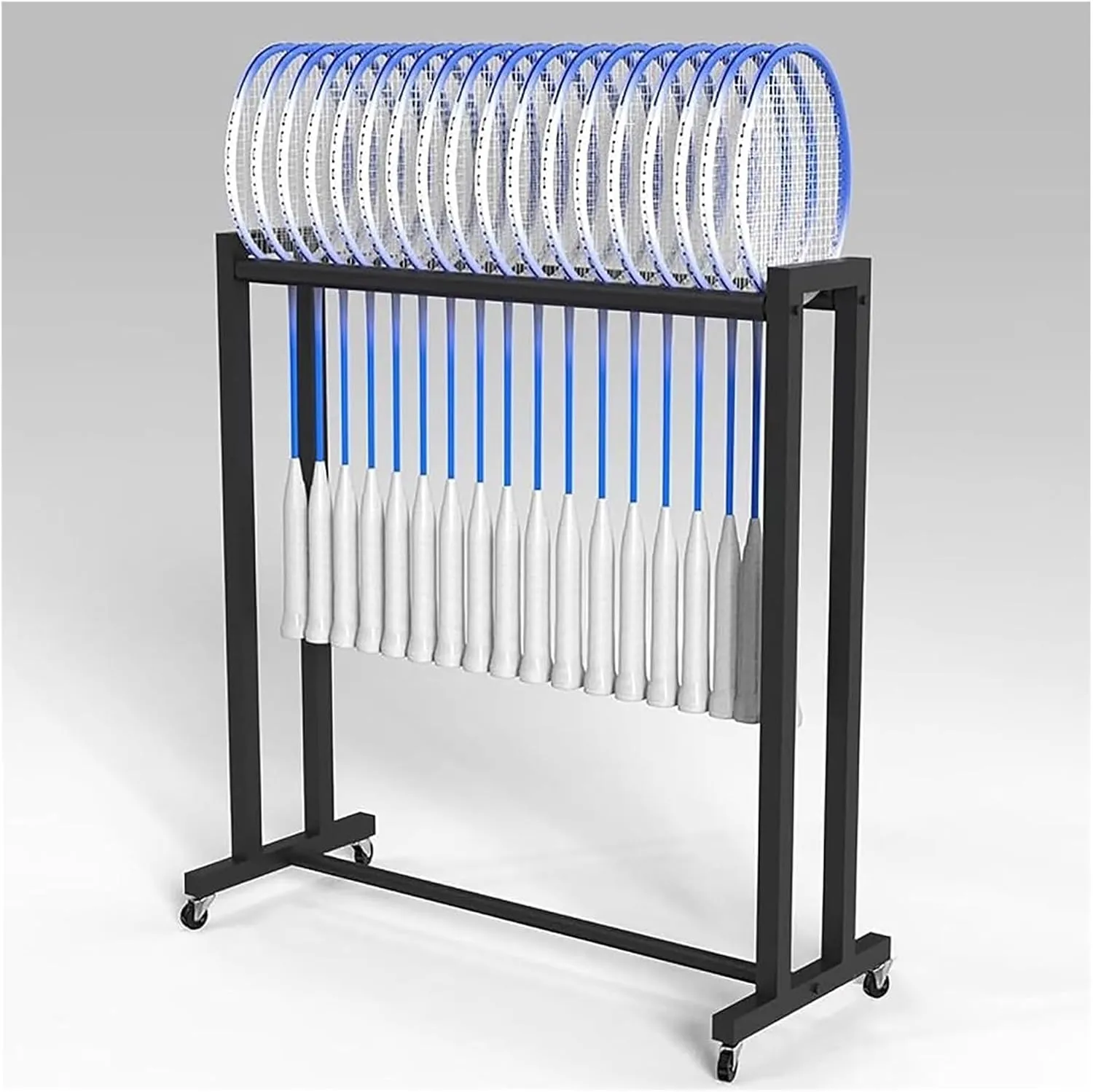 Rolling Hanging Racket Organizer Rack, Black Steel Freestanding Tennis Badminton Racquet Display Rack for Schools/Garage/Retail Store, with 360° Lockable Wheels