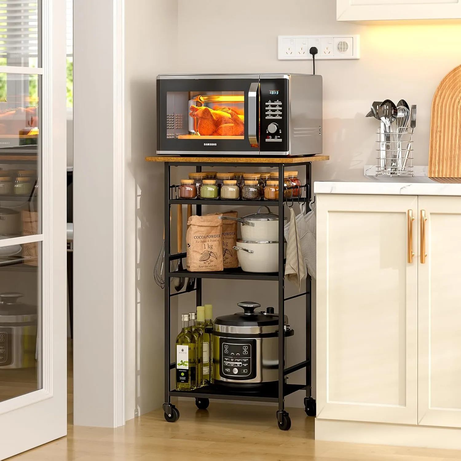 Rolling Kitchen Microwave Cart, 4 Tier Microwave Table Stand with Storage, Kitchen Storage Rack on Wheels, Coffee Station Cart Rack Shelf Organizer for Living Room Office, Balcony
