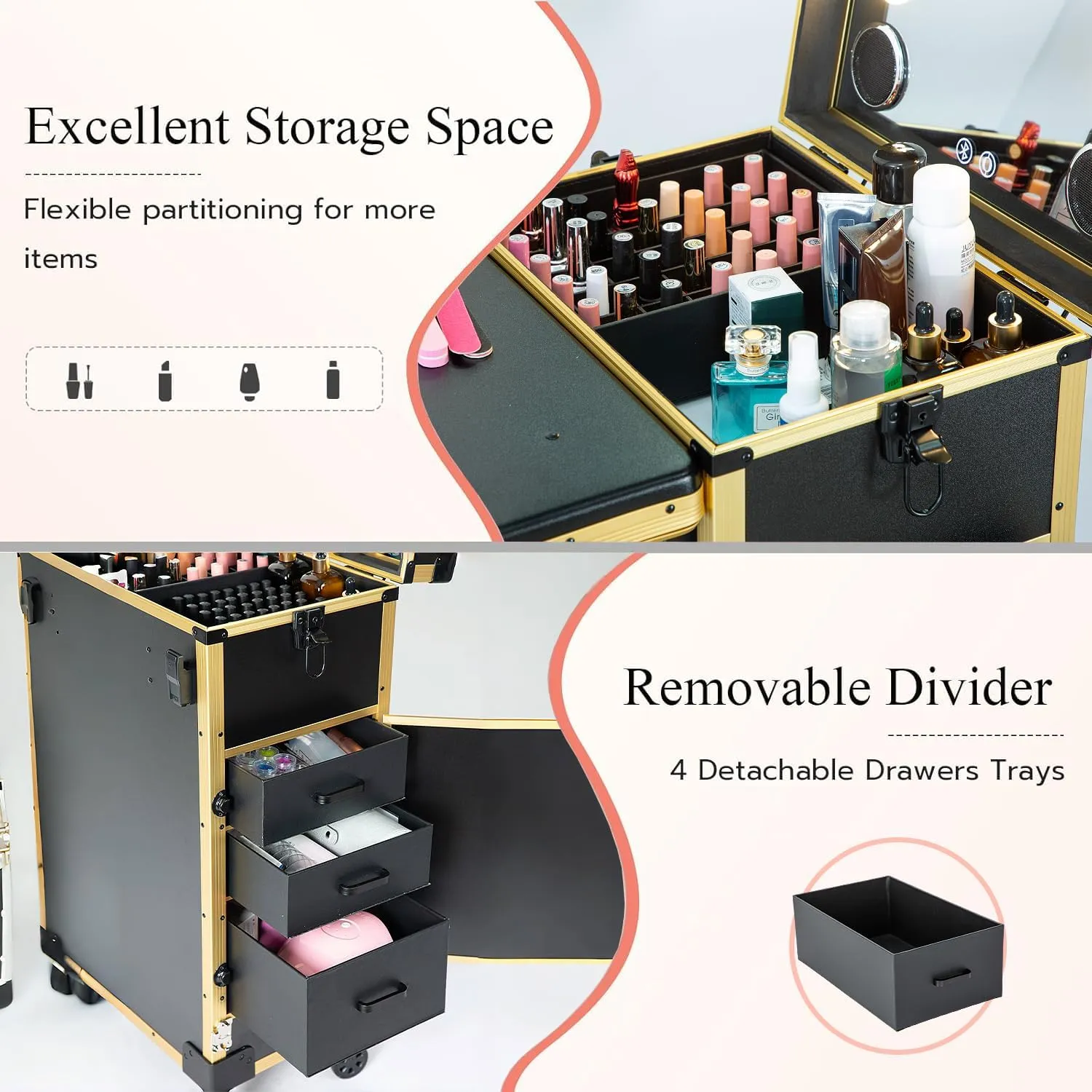 Rolling Makeup Train Case Large Storage Cosmetic Trolley with Collapsible Nail Table Nail Makeup Organizer with LED Mirror 4 Drawer TSA Lock (Gold)