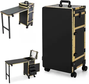 Rolling Makeup Train Case Large Storage Cosmetic Trolley with Collapsible Nail Table Nail Makeup Organizer with LED Mirror 4 Drawer TSA Lock (Gold)