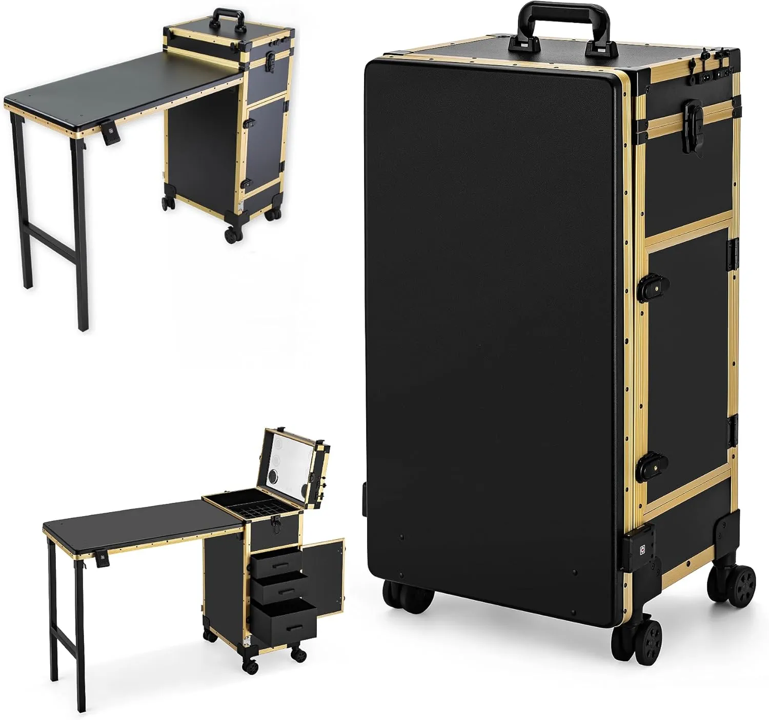 Rolling Makeup Train Case Large Storage Cosmetic Trolley with Collapsible Nail Table Nail Makeup Organizer with LED Mirror 4 Drawer TSA Lock (Gold)
