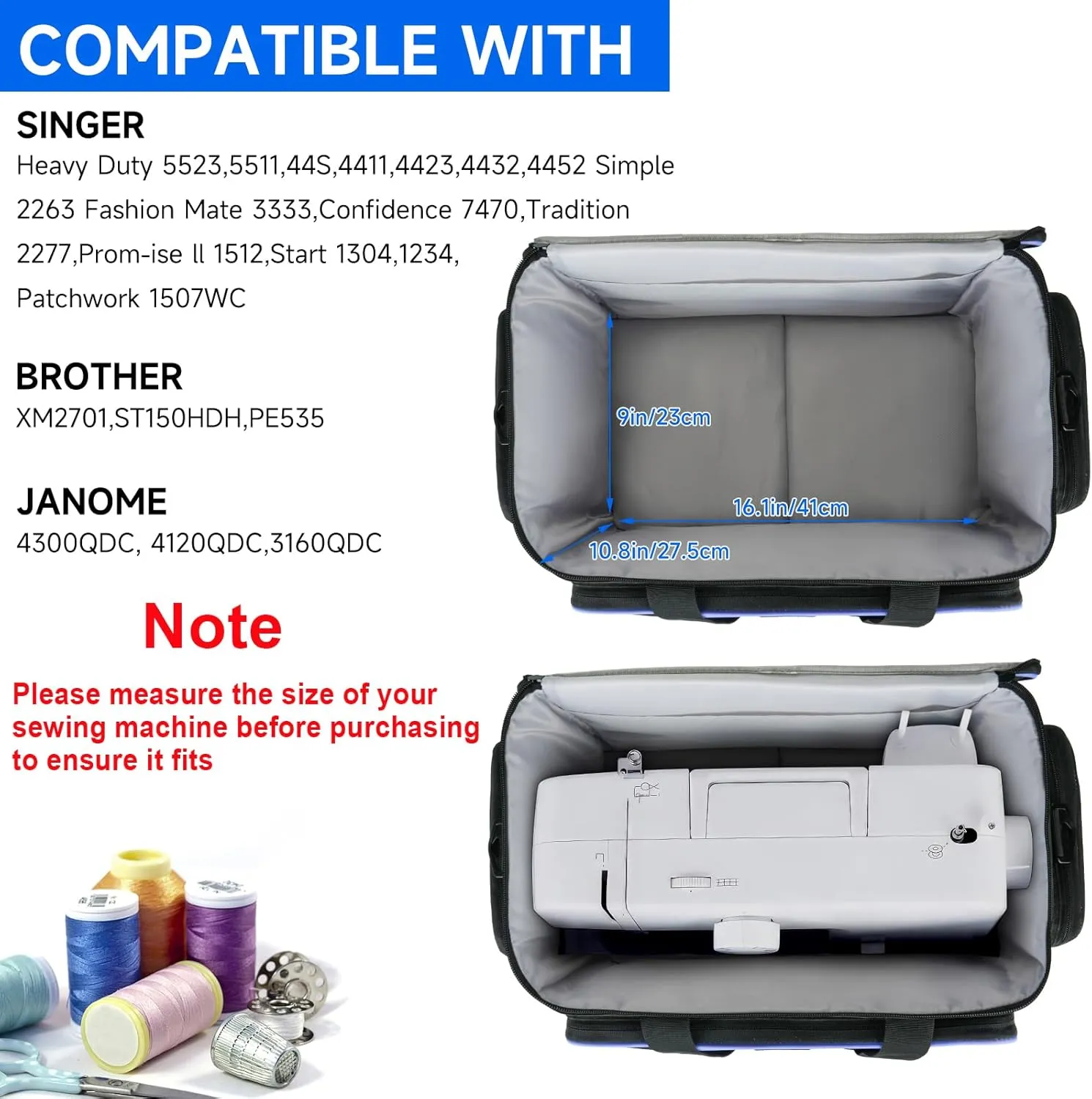 Rolling Sewing Machine Case with 4 Wheels,Sewing Machine Carrying Bag,Trolley Tote Bag Fits for Most Standard Singer,Brother,Janome Sewing Machine and Accessories,Black