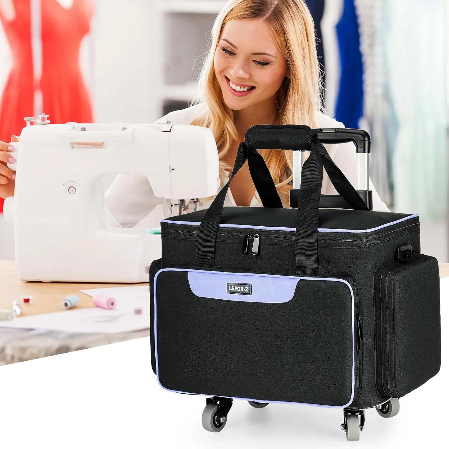 Rolling Sewing Machine Case with 4 Wheels,Sewing Machine Carrying Bag,Trolley Tote Bag Fits for Most Standard Singer,Brother,Janome Sewing Machine and Accessories,Black