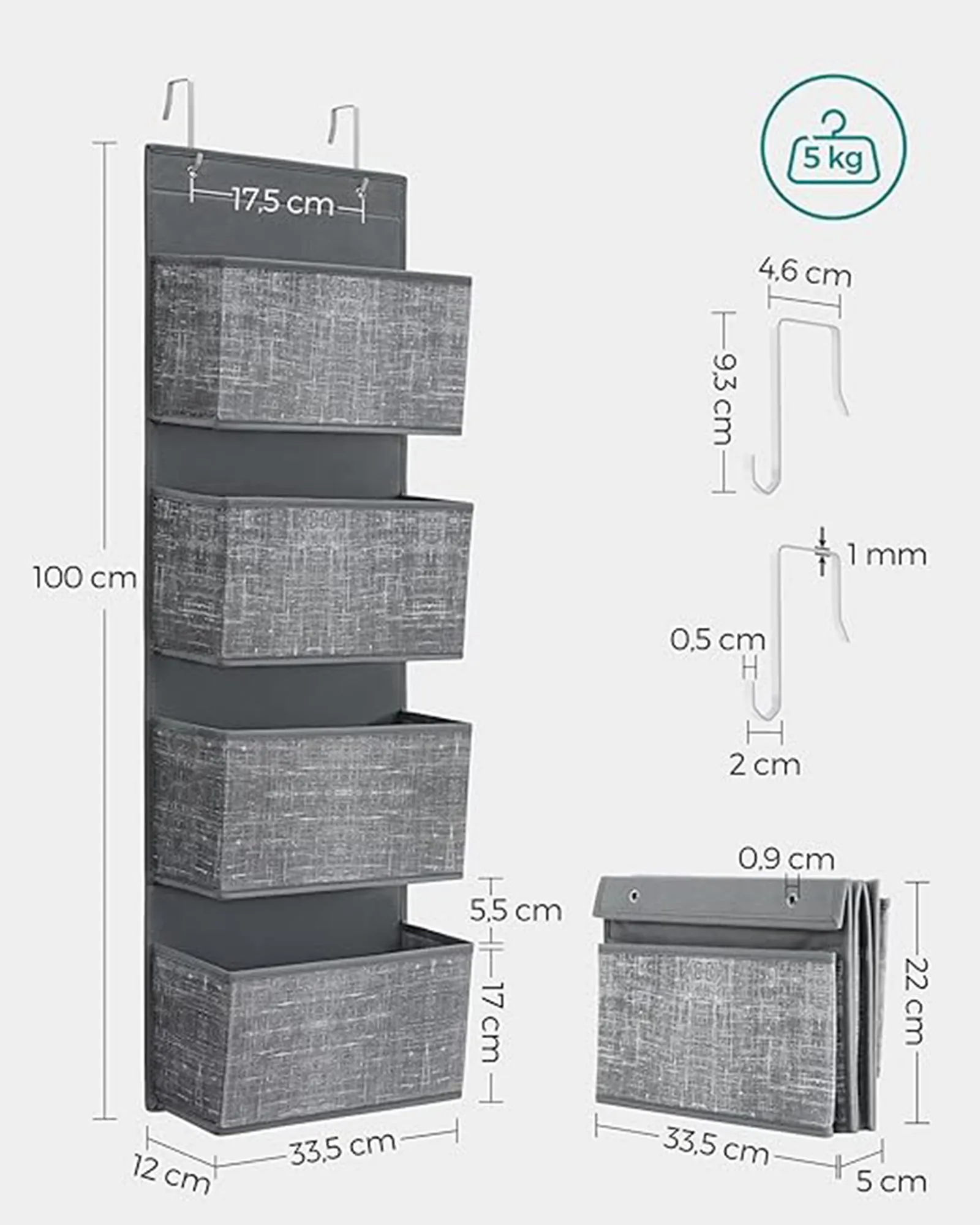 Rootz Hanging Organizer - Storage Rack - Closet Organizer - Mottled Gray - Non-Woven Fabric - Cardboard Back Panels - Metal Hooks - 33.5cm x 12cm x 100cm - Lightweight - Spacious - Easy Assembly