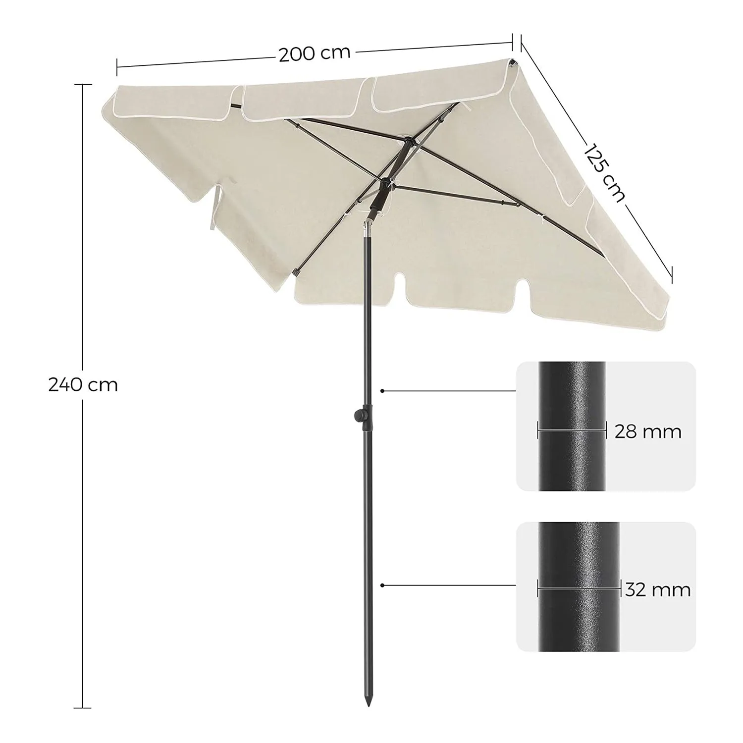 Rootz Sunshade Parasol - Outdoor Umbrella - Sun Shelter - UPF 50  Protection - 200 x 125 cm - White