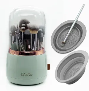 Rotating Makeup Brush Holder with Lid – Dustproof Vanity Organizer for Makeup Brushes, Bonus Foldable Makeup Brush Cleaner Bowl Included, Elegant Light Green Storage Solution