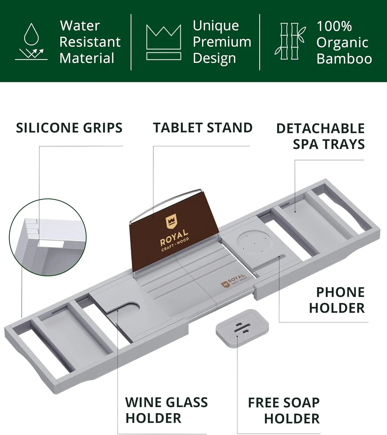 ROYAL CRAFT WOOD Premium Foldable Bathtub Tray - Expandable Bath Tray for Tub - Luxury Bathtub & Bathroom Accessories