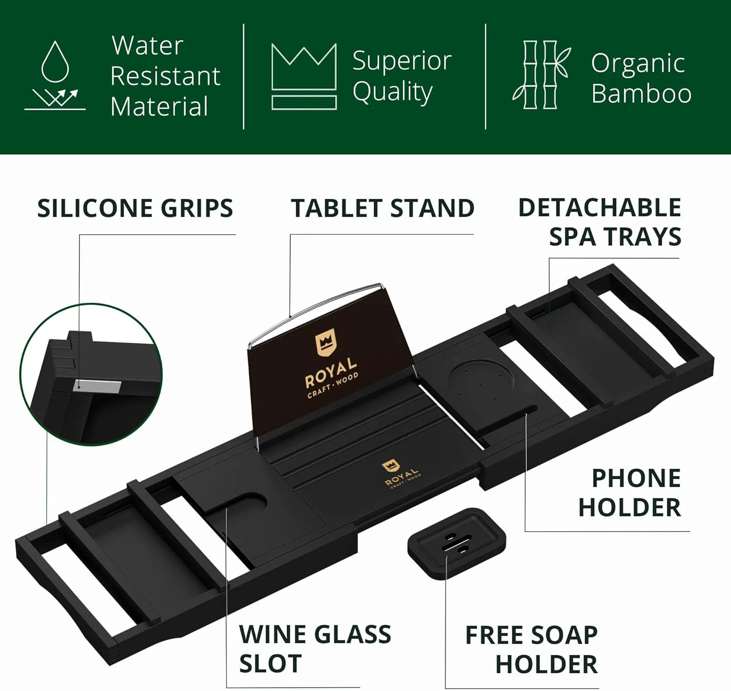 ROYAL CRAFT WOOD Premium Foldable Bathtub Tray - Wood Bath Tray for Tub, Bamboo Shelf, Expandable Bath Table Trays, Bathtub & Bathroom Accessories for New Home & Mothers Day & Birthday Gifts for Mom