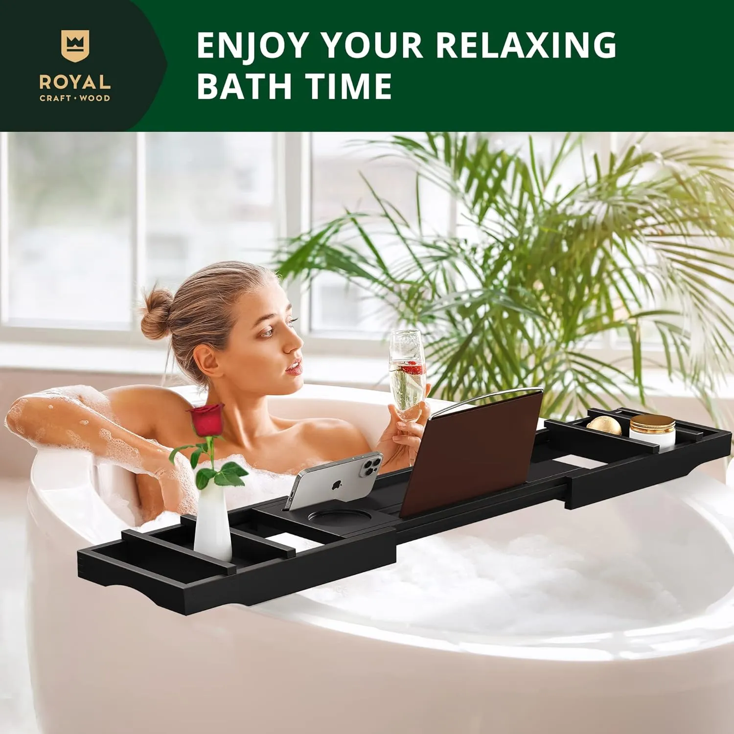 ROYAL CRAFT WOOD Premium Foldable Bathtub Tray - Wood Bath Tray for Tub, Bamboo Shelf, Expandable Bath Table Trays, Bathtub & Bathroom Accessories for New Home & Mothers Day & Birthday Gifts for Mom