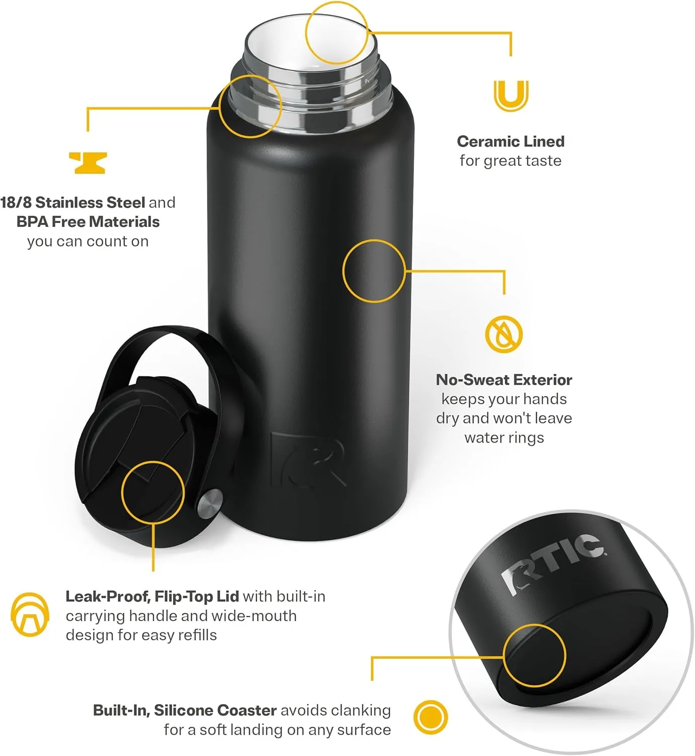 RTIC 32oz Outback Bottle, Insulated, Stainless Steel, Metal, Double Wall Vacuum-Insulation, Ceramic Lined, Leak-Proof Lid, BPA-Free Water Flask for Hiking, Running, Sports, Outdoor, Black