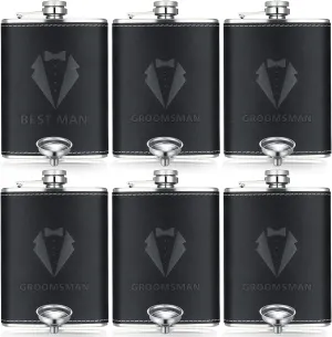 Rtteri Groomsman Gifts Set of 6 Flask for Men 8 oz Groomsman Proposal Gifts Stainless Steel Tuxedo Hip Flask Bachelor Party Favors for Wedding Proposal