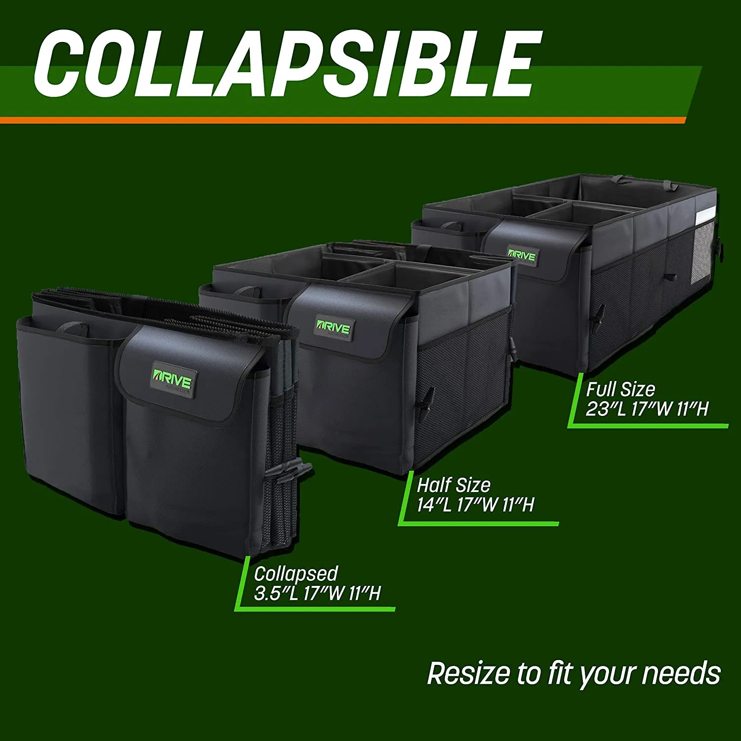 Rynx | Drive Car Trunk Organizers and Storage - Collapsible Multi-Compartment Car Organizer with Adjustable Straps
