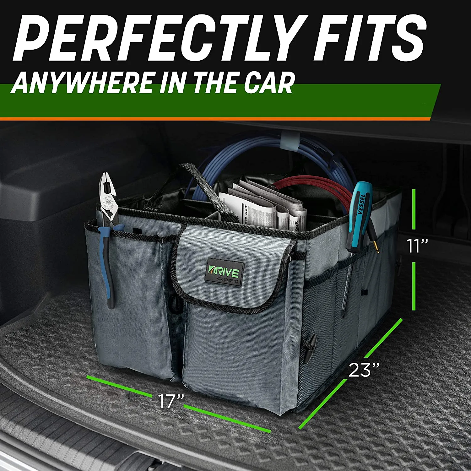 Rynx | Drive Car Trunk Organizers and Storage - Collapsible Multi-Compartment Car Organizer with Adjustable Straps