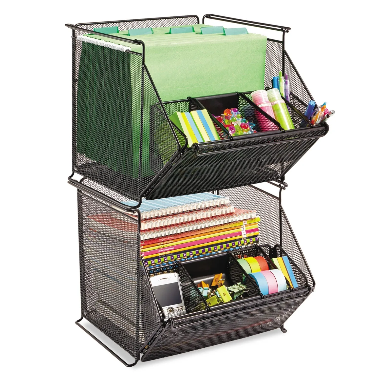 Safco® Onyx Stackable Mesh Storage Bin, 4 Compartments, Steel Mesh, 14 x 15.5 x 11.75, Black