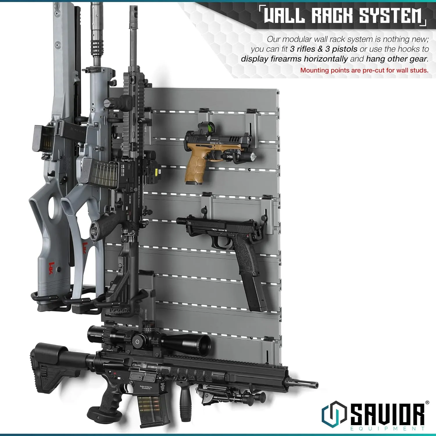 Savior Equipment Wall Rack System Heavy-Duty Steel Tactical Rifle Carbine Shotgun Handgun Storage Wall Mount, Modular Firearms Gun Wall Gear Accessories Organizer, Holds up to 6 Rifles & 6 Pistols