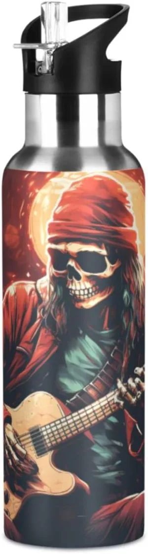Scary Cool Music Skull Sport Water Bottle Insulated Stainless Steel Large Vacuum Flask Leak Proof Thermos with Straw for Travel(600ml/1000ml)