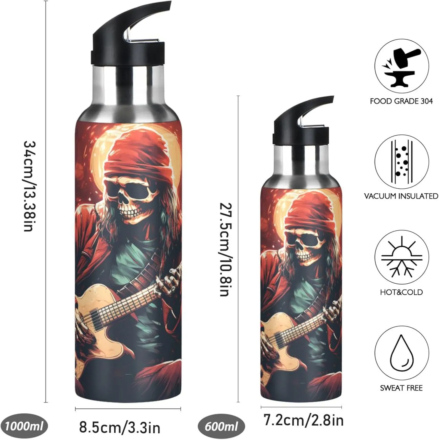 Scary Cool Music Skull Sport Water Bottle Insulated Stainless Steel Large Vacuum Flask Leak Proof Thermos with Straw for Travel(600ml/1000ml)