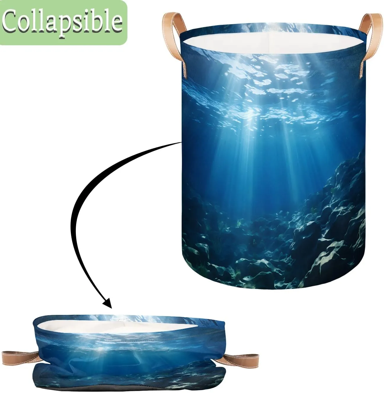 Seafloor World Laundry Hamper with Handles, Large Collapsible Laundry Basket Waterproof Decorative Washing Bag for Clothes, Bathroom, Bedrooms, Laundry Room