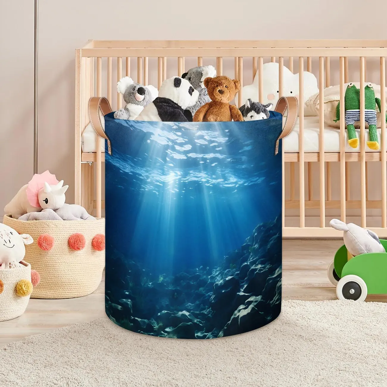 Seafloor World Laundry Hamper with Handles, Large Collapsible Laundry Basket Waterproof Decorative Washing Bag for Clothes, Bathroom, Bedrooms, Laundry Room