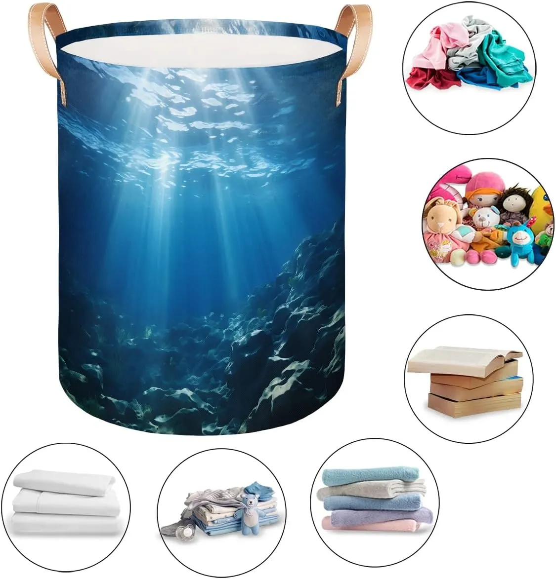Seafloor World Laundry Hamper with Handles, Large Collapsible Laundry Basket Waterproof Decorative Washing Bag for Clothes, Bathroom, Bedrooms, Laundry Room