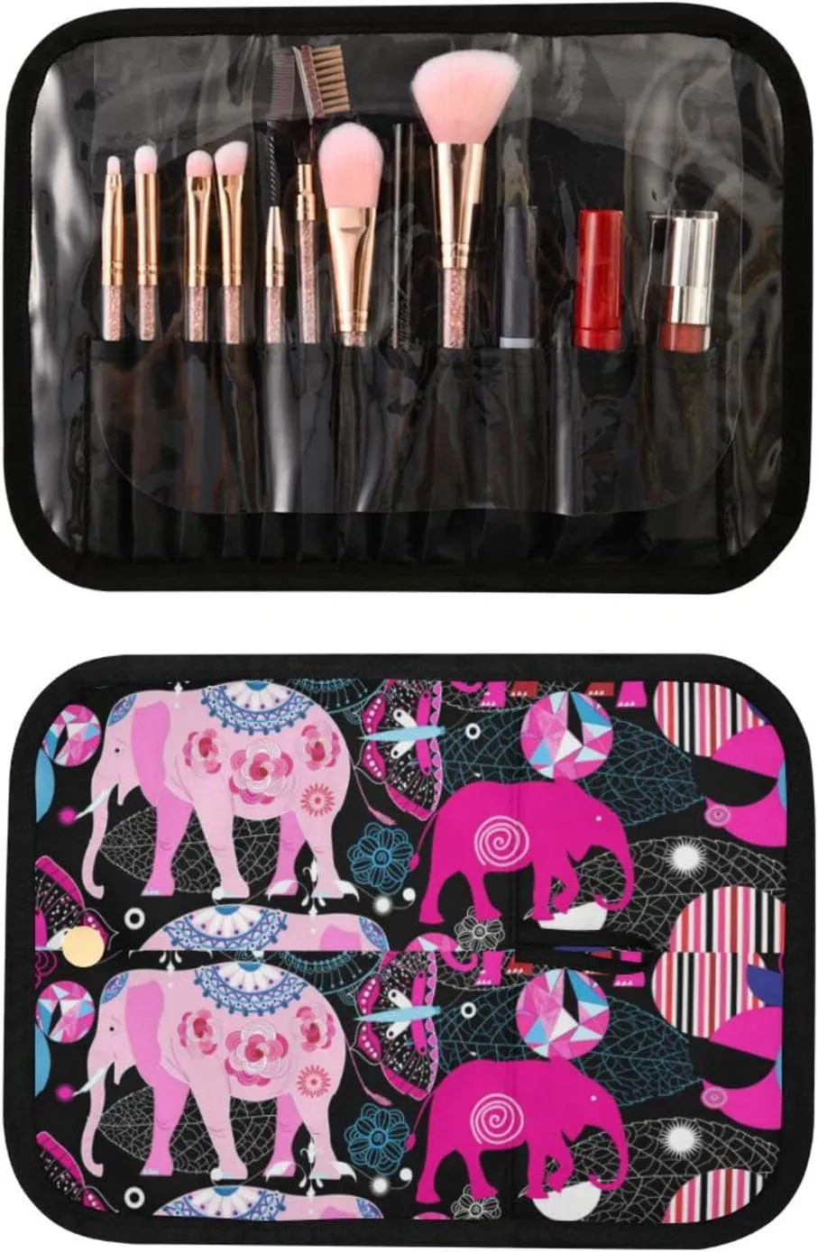 Seamless Bright Colorful Pink Elephants Leaves Flowers on Dark 3 PCs Set Toiletry bags, 1 Women's Travel Cosmetic Bag, 1 Hanging Toiletry Wash Bag, 1 Brush Case, Portable Makeup Storage Case
