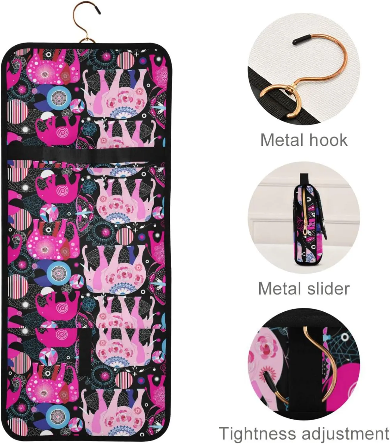 Seamless Bright Colorful Pink Elephants Leaves Flowers on Dark 3 PCs Set Toiletry bags, 1 Women's Travel Cosmetic Bag, 1 Hanging Toiletry Wash Bag, 1 Brush Case, Portable Makeup Storage Case