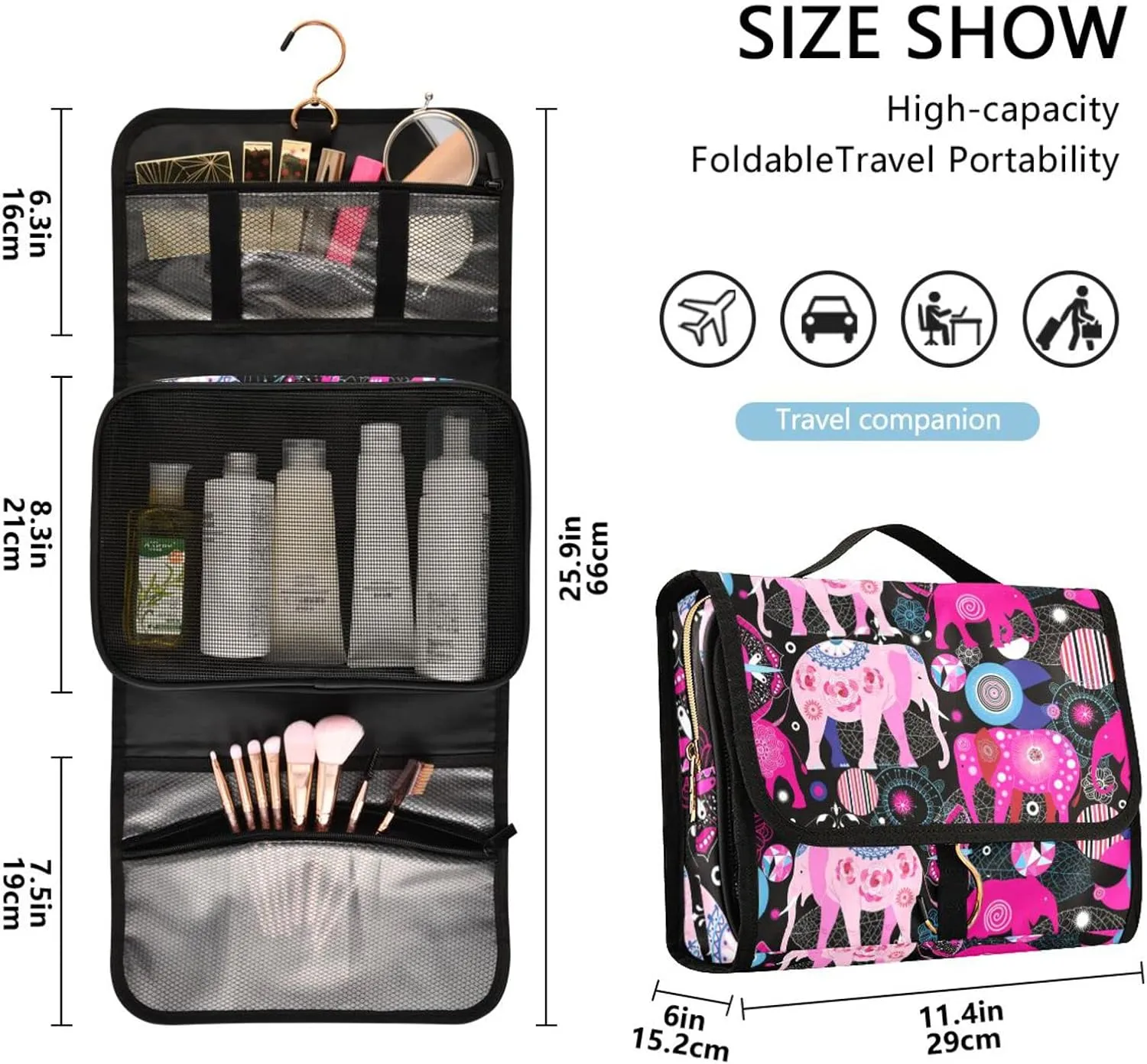 Seamless Bright Colorful Pink Elephants Leaves Flowers on Dark 3 PCs Set Toiletry bags, 1 Women's Travel Cosmetic Bag, 1 Hanging Toiletry Wash Bag, 1 Brush Case, Portable Makeup Storage Case