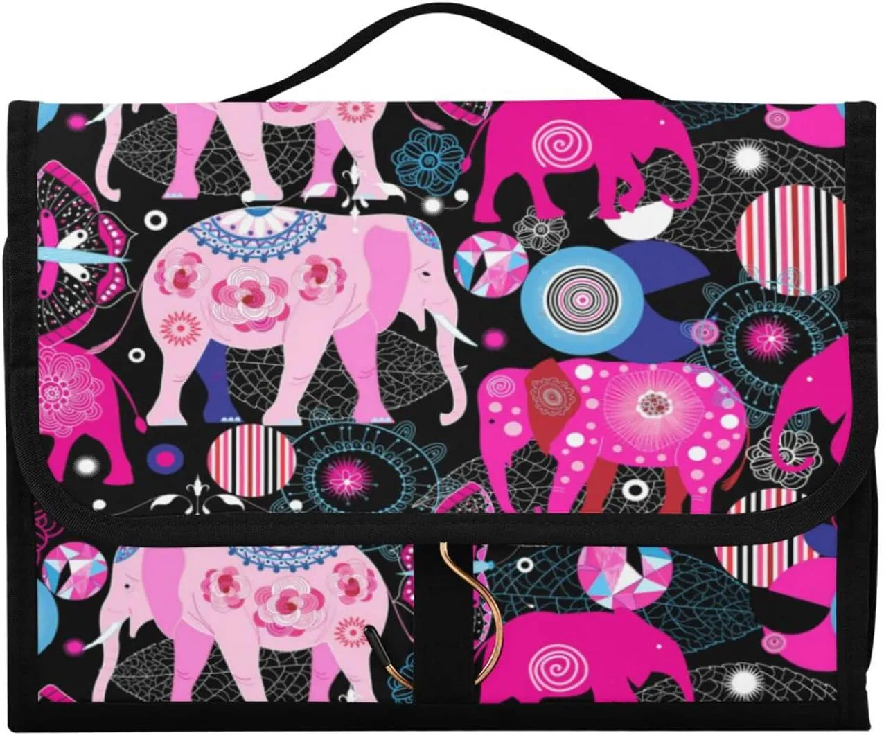 Seamless Bright Colorful Pink Elephants Leaves Flowers on Dark 3 PCs Set Toiletry bags, 1 Women's Travel Cosmetic Bag, 1 Hanging Toiletry Wash Bag, 1 Brush Case, Portable Makeup Storage Case