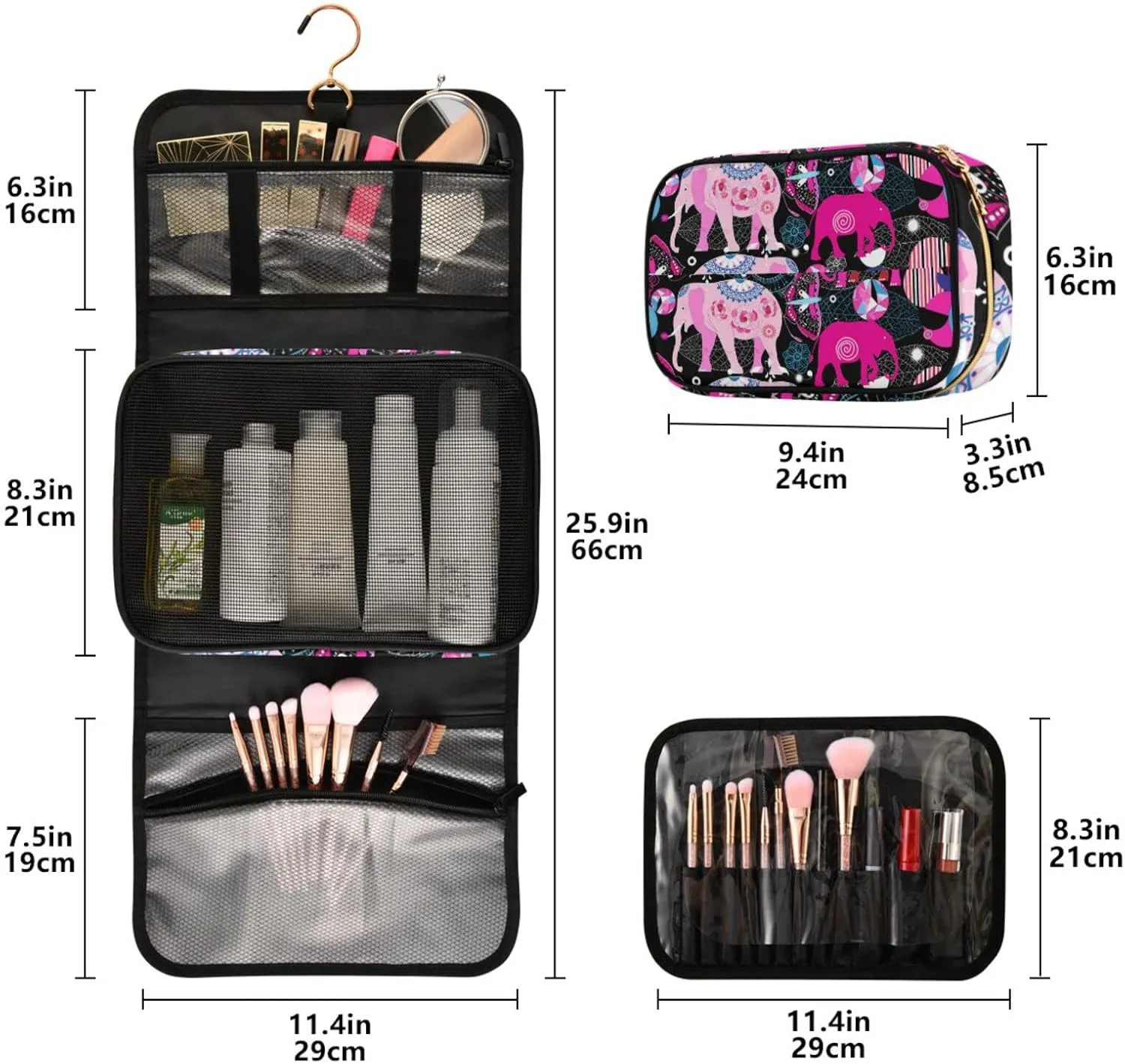 Seamless Bright Colorful Pink Elephants Leaves Flowers on Dark 3 PCs Set Toiletry bags, 1 Women's Travel Cosmetic Bag, 1 Hanging Toiletry Wash Bag, 1 Brush Case, Portable Makeup Storage Case
