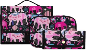 Seamless Bright Colorful Pink Elephants Leaves Flowers on Dark 3 PCs Set Toiletry bags, 1 Women's Travel Cosmetic Bag, 1 Hanging Toiletry Wash Bag, 1 Brush Case, Portable Makeup Storage Case
