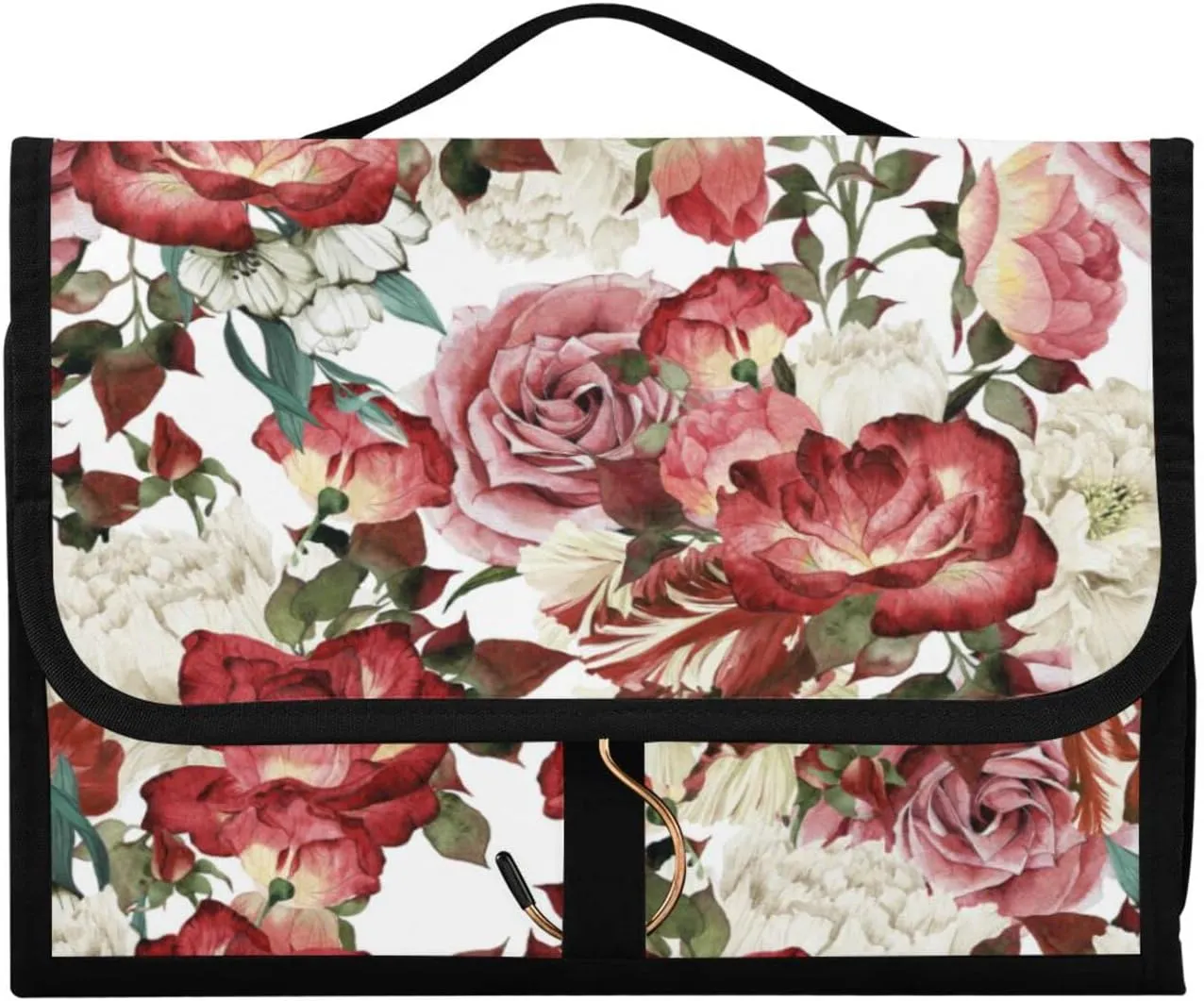 Seamless Floral Pattern with White Red Roses Watercolor 3 PCs Set Toiletry bags, 1 Women's Travel Cosmetic Bag, 1 Hanging Toiletry Wash Bag, 1 Brush Case, Portable Makeup Storage Case