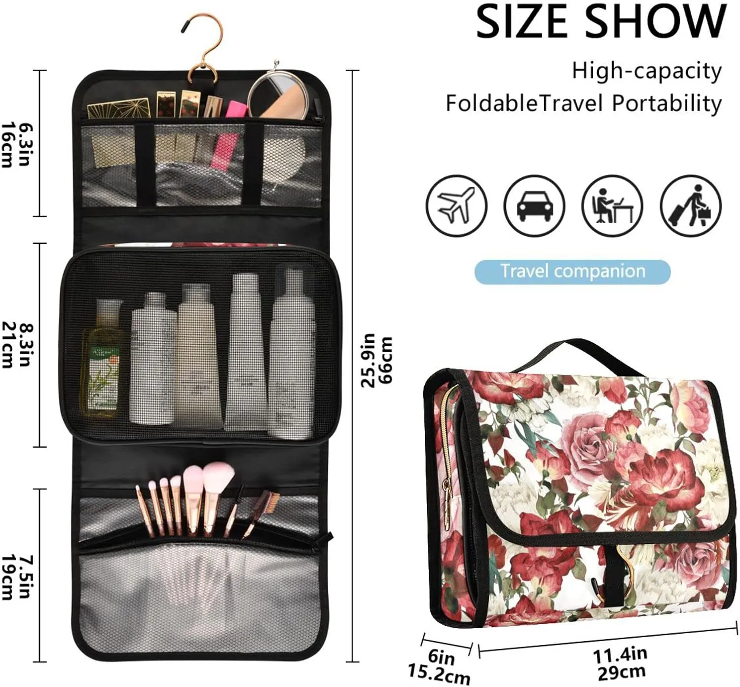 Seamless Floral Pattern with White Red Roses Watercolor 3 PCs Set Toiletry bags, 1 Women's Travel Cosmetic Bag, 1 Hanging Toiletry Wash Bag, 1 Brush Case, Portable Makeup Storage Case