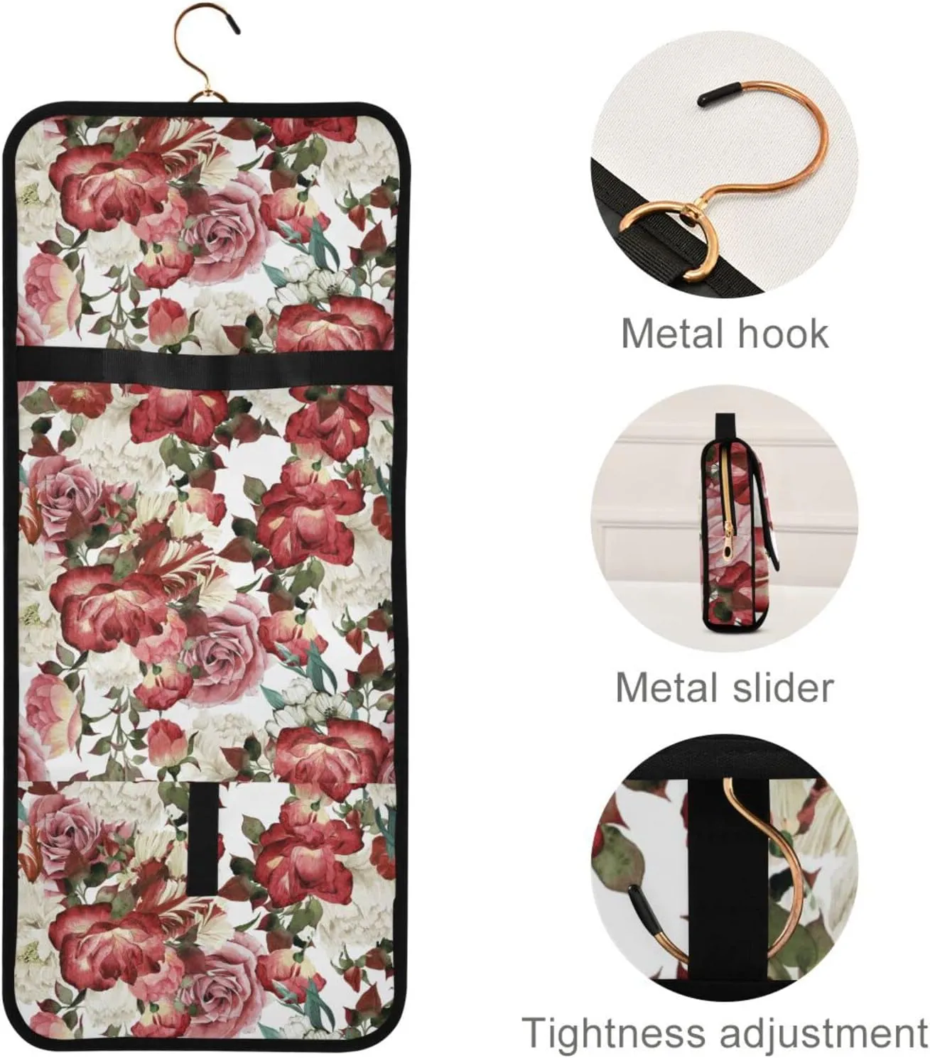 Seamless Floral Pattern with White Red Roses Watercolor 3 PCs Set Toiletry bags, 1 Women's Travel Cosmetic Bag, 1 Hanging Toiletry Wash Bag, 1 Brush Case, Portable Makeup Storage Case