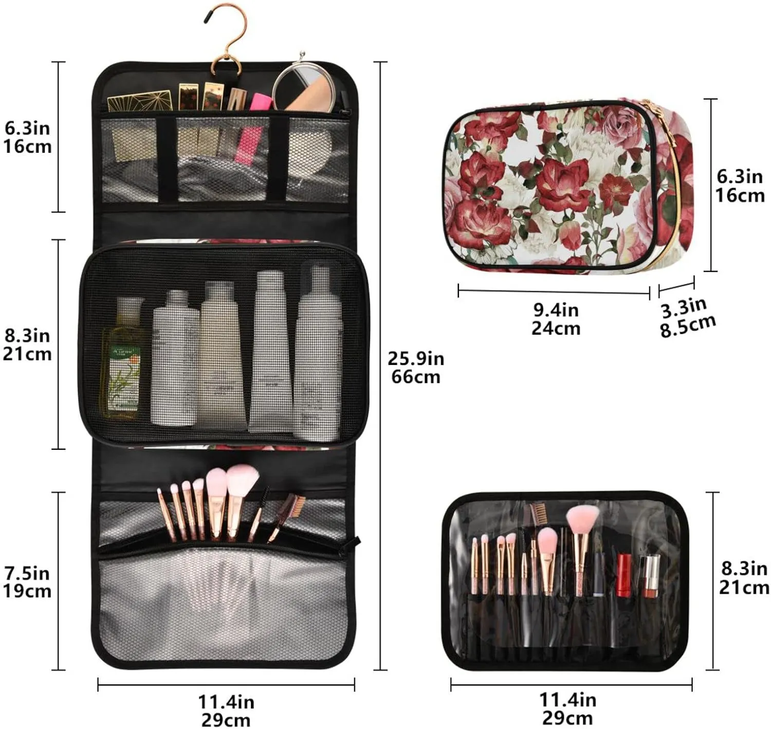 Seamless Floral Pattern with White Red Roses Watercolor 3 PCs Set Toiletry bags, 1 Women's Travel Cosmetic Bag, 1 Hanging Toiletry Wash Bag, 1 Brush Case, Portable Makeup Storage Case