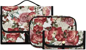 Seamless Floral Pattern with White Red Roses Watercolor 3 PCs Set Toiletry bags, 1 Women's Travel Cosmetic Bag, 1 Hanging Toiletry Wash Bag, 1 Brush Case, Portable Makeup Storage Case