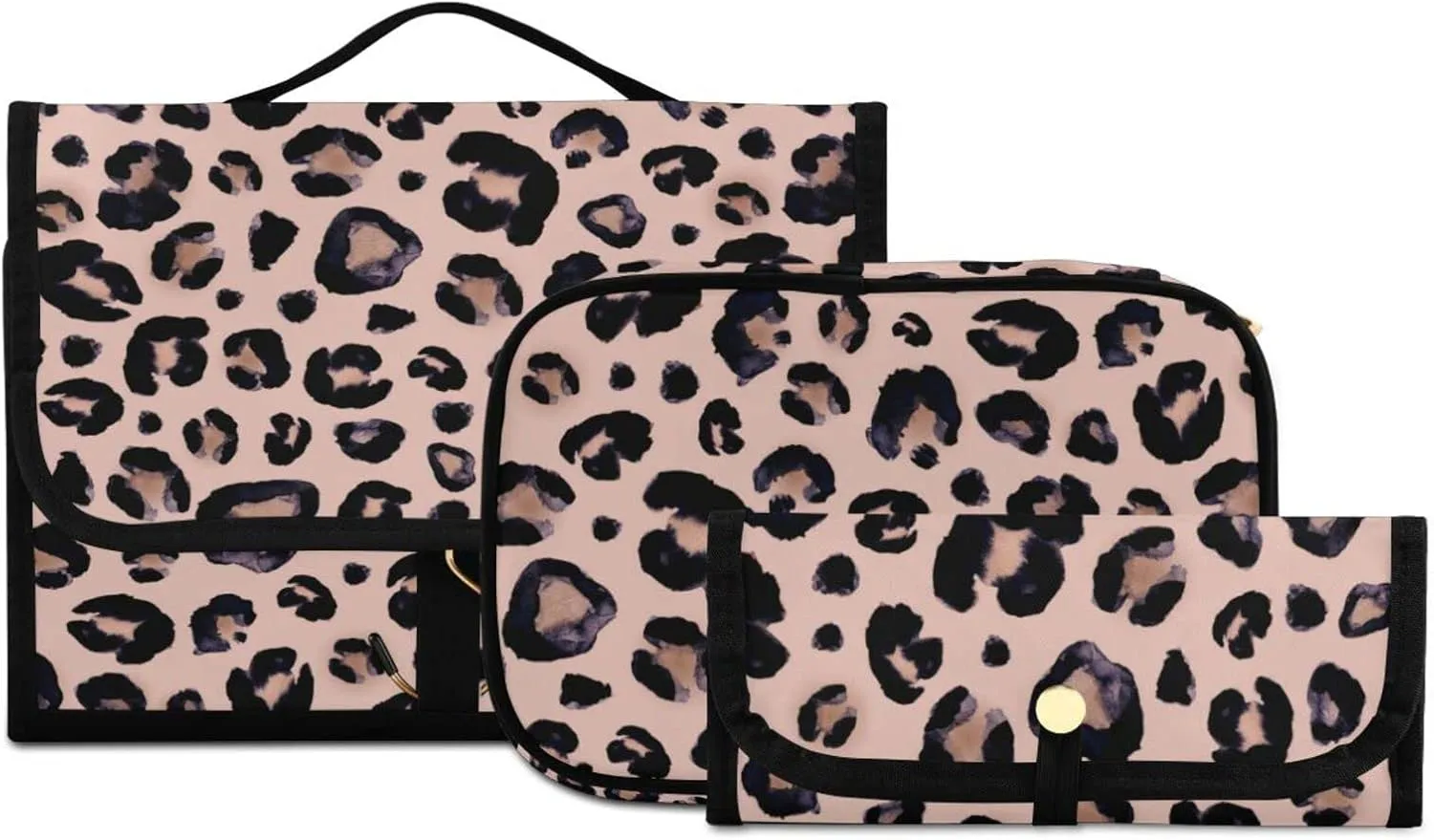 senya Leopard Pink Toiletry Bag Hanging Travel Makeup Bag 3 PCS, Portable Makeup Organizer Cosmetic Bag Clear