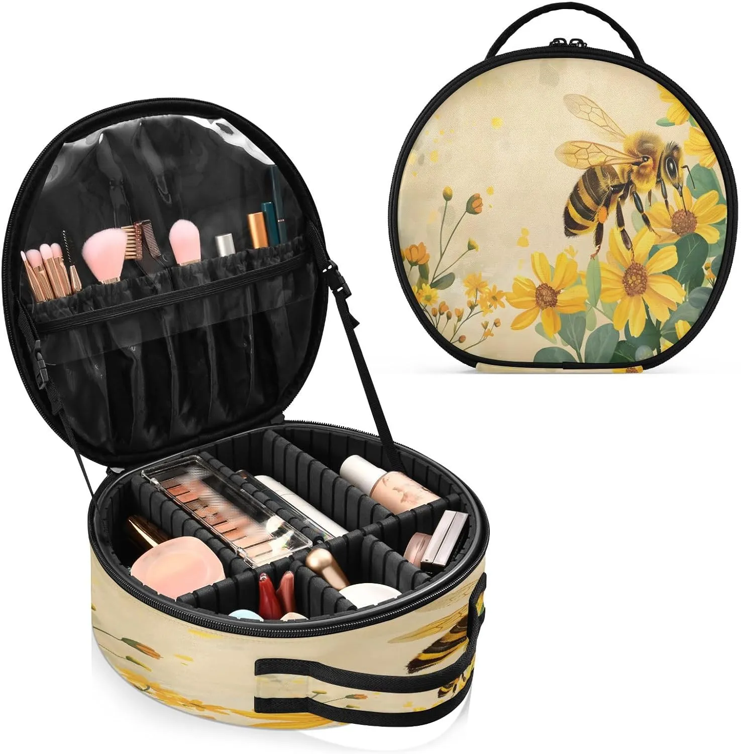 senya Round Cosmetic Pouch Travel Makeup Train Case Honey Bee Makeup Organizer Bag with Adjustable Dividers Portable for Cosmetics Makeup Brushes Toiletry Jewelry Accessories