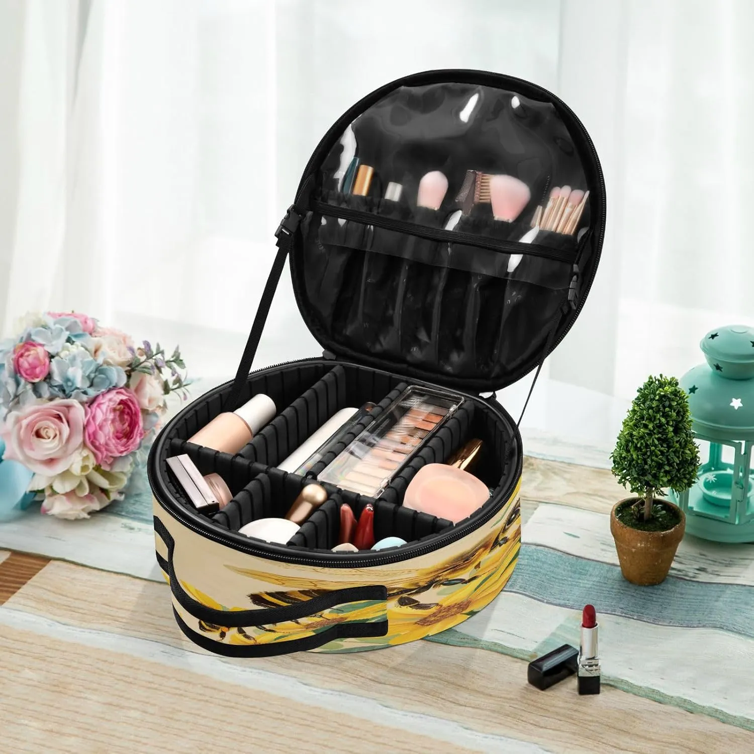 senya Round Cosmetic Pouch Travel Makeup Train Case Honey Bee Makeup Organizer Bag with Adjustable Dividers Portable for Cosmetics Makeup Brushes Toiletry Jewelry Accessories