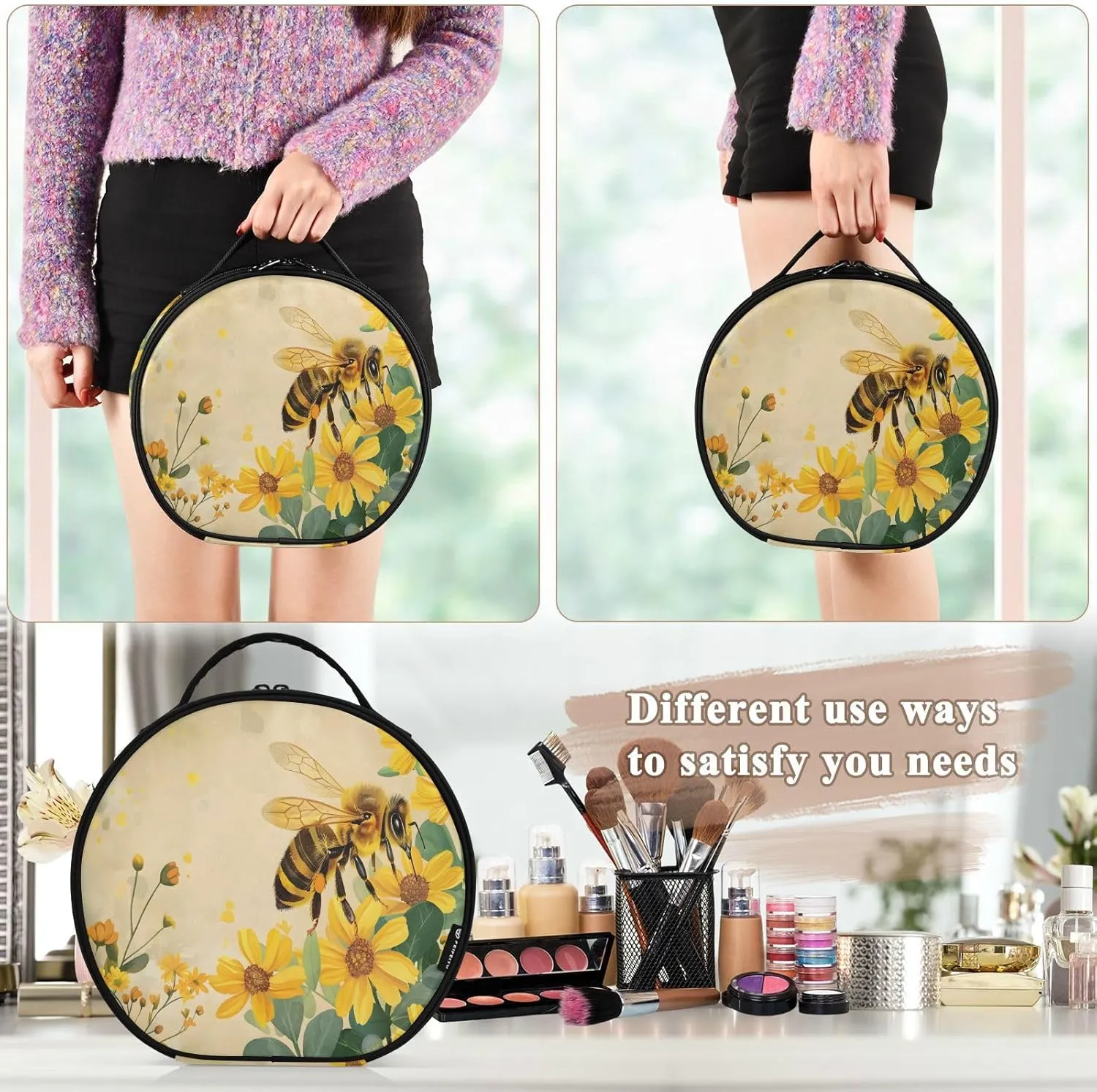 senya Round Cosmetic Pouch Travel Makeup Train Case Honey Bee Makeup Organizer Bag with Adjustable Dividers Portable for Cosmetics Makeup Brushes Toiletry Jewelry Accessories