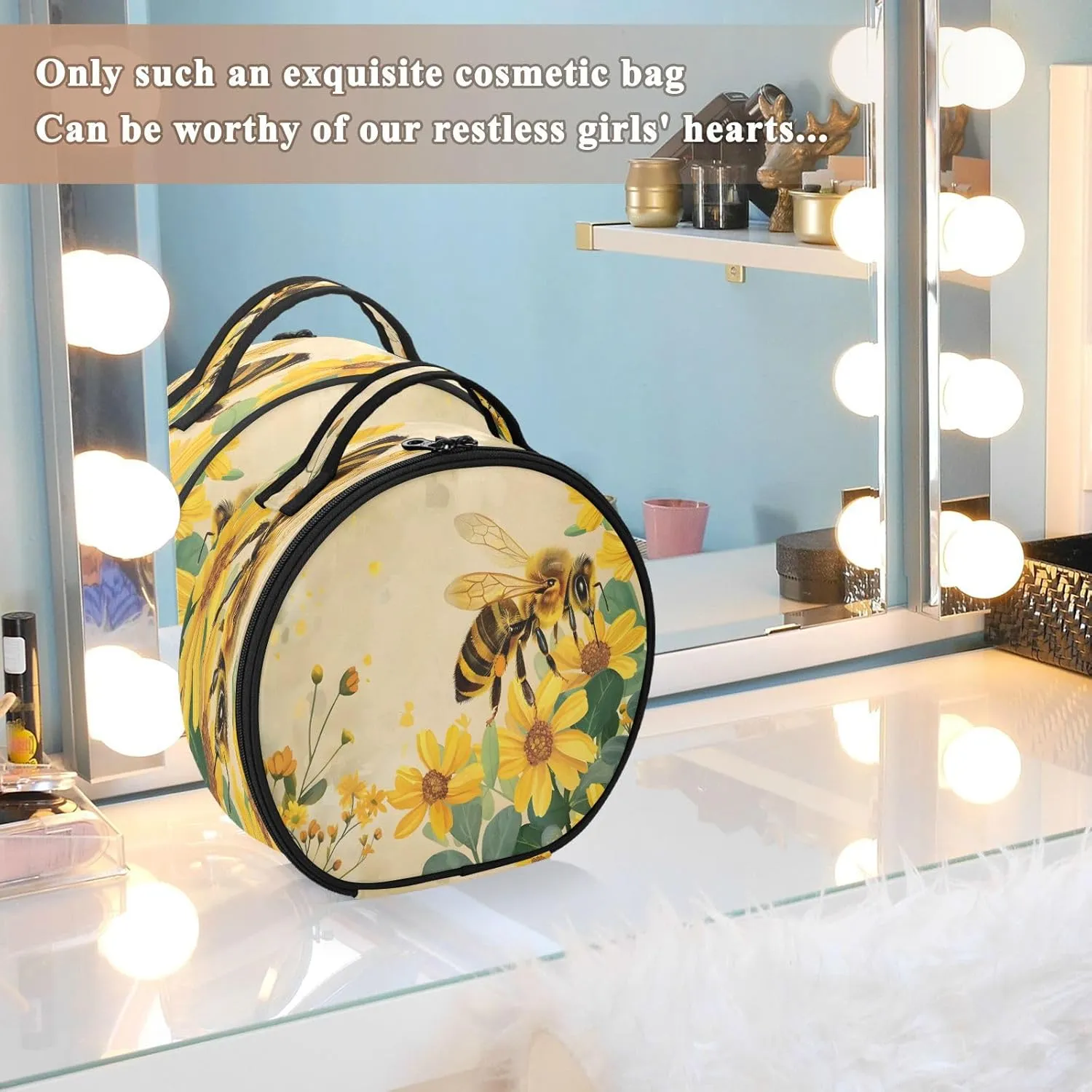 senya Round Cosmetic Pouch Travel Makeup Train Case Honey Bee Makeup Organizer Bag with Adjustable Dividers Portable for Cosmetics Makeup Brushes Toiletry Jewelry Accessories