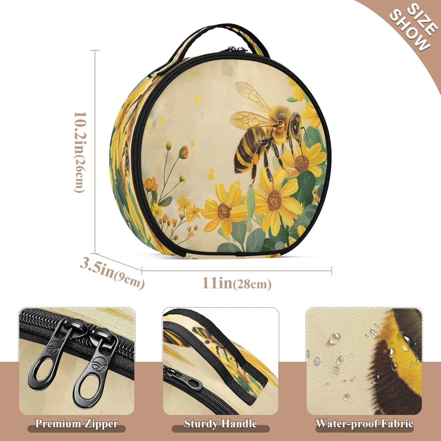 senya Round Cosmetic Pouch Travel Makeup Train Case Honey Bee Makeup Organizer Bag with Adjustable Dividers Portable for Cosmetics Makeup Brushes Toiletry Jewelry Accessories