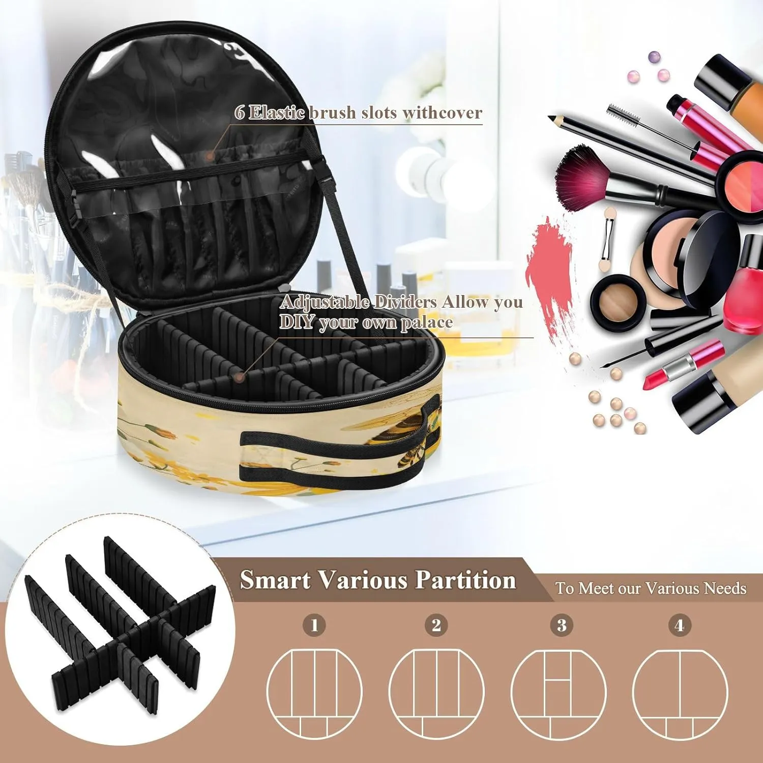 senya Round Cosmetic Pouch Travel Makeup Train Case Honey Bee Makeup Organizer Bag with Adjustable Dividers Portable for Cosmetics Makeup Brushes Toiletry Jewelry Accessories