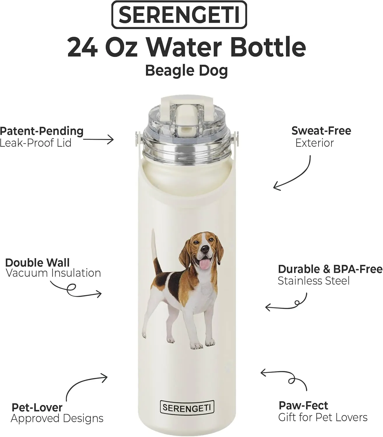 SERENGETI 24 Oz Water Bottle Stainless Steel with Spill Proof Lid - Double walled Vacuum Insulated water flask - Realistic 3D Print of your favorite dog (Beagle)