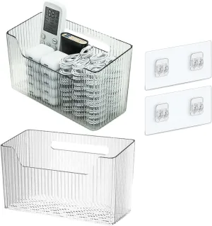 Set Of 2 Storage Organizer Bins Wall Mounted Shower Basket, Shower Caddy Stackable Clear Plastic Makeup Organizer Adhesive Hanging Bin for Bathroom, Kitchen, Cabinet, Pantry, BPA Free, Large, Clear