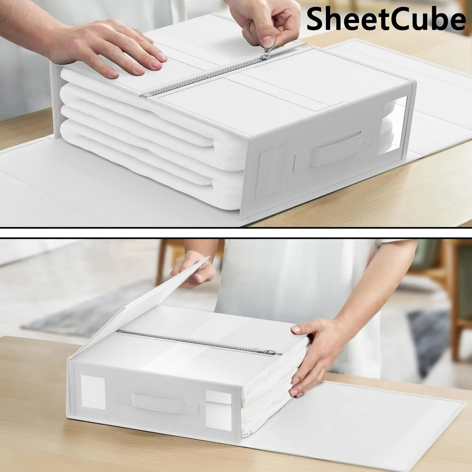 SheetCube Bed Sheet Organizers and Storage 6 Pack, Foldable Linen Closet Organizer with Window and Label, Bedding Folder Storage Box Container for Blanket, Duvet Cover Set, Bed Sheet Set - White