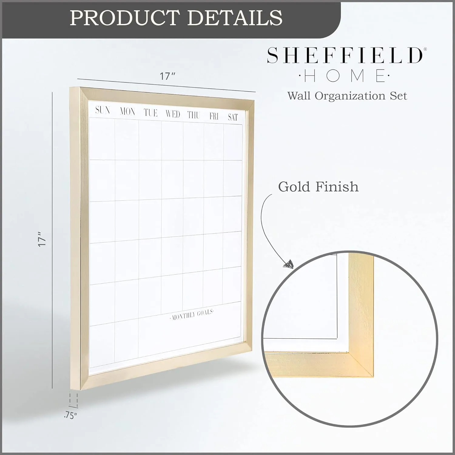 Sheffield Home 17x17 Inch Dry Erase Monthly Calendar, Weekly Day Planner and Magnetic Vision Board, Wall Organization Set of 3, Gold