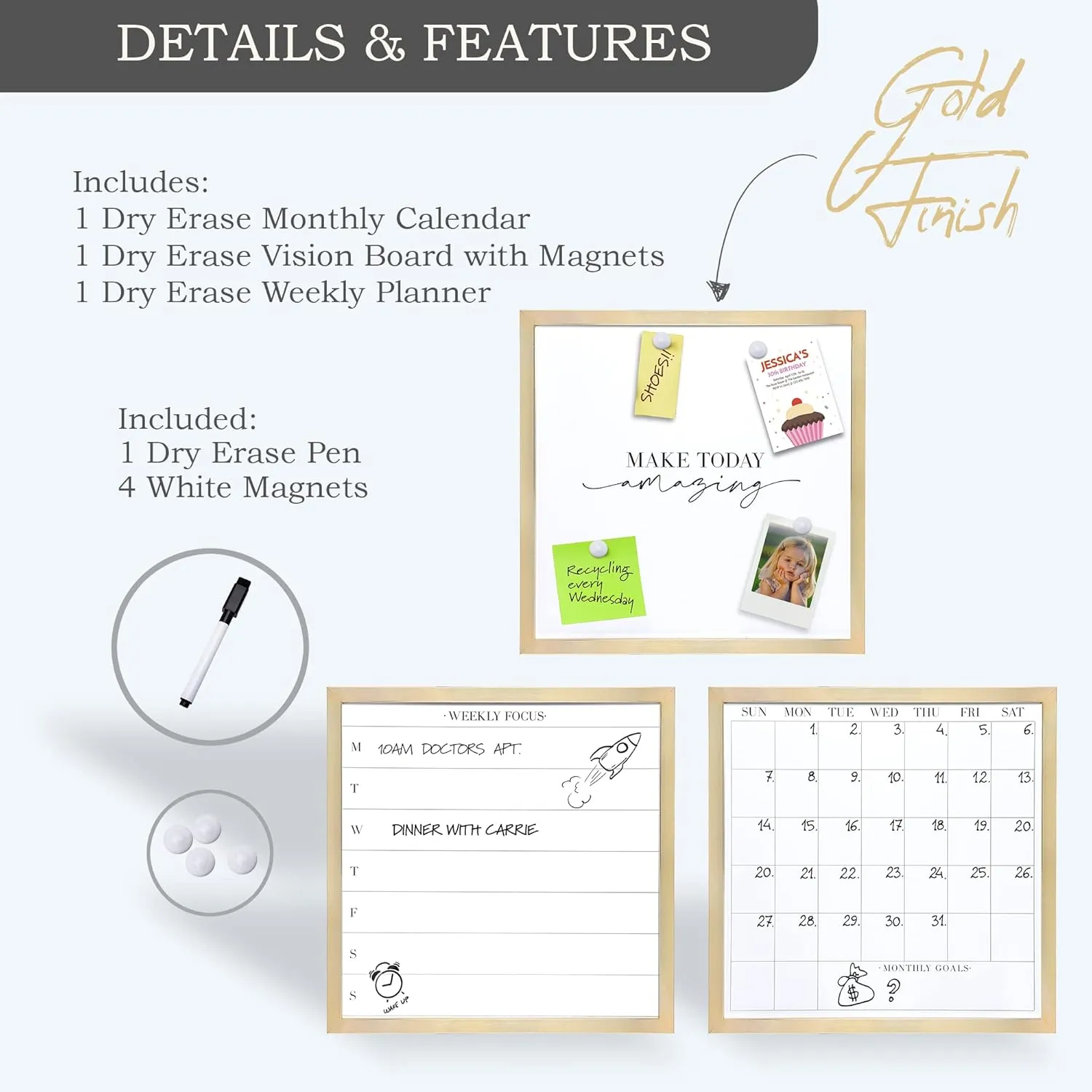 Sheffield Home 17x17 Inch Dry Erase Monthly Calendar, Weekly Day Planner and Magnetic Vision Board, Wall Organization Set of 3, Gold