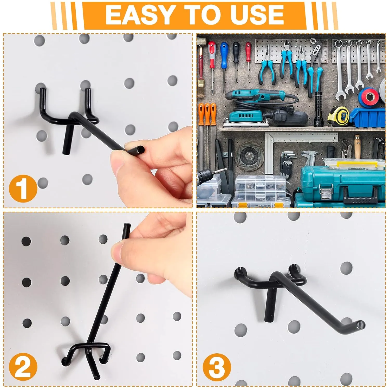 Shimeyao 100 Pcs Peg Board Shelving Hooks Stainless Steel Hanging Board Pegs Wall Display Hooks Bulk for 1/8 1/4 Garage Storage Organizer Accessories(4 Inch,Black)