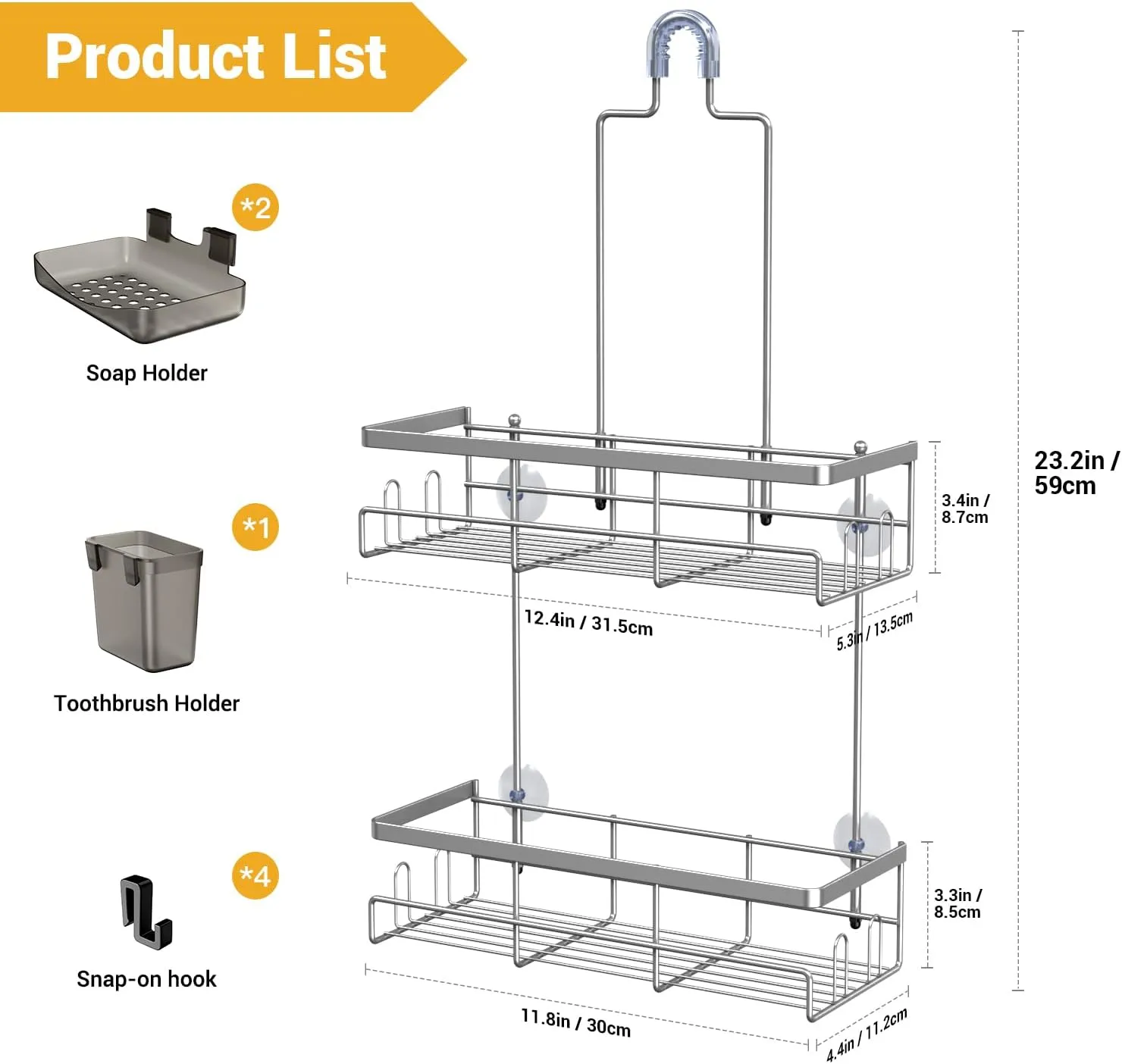 Shower Caddy Hanging Bathroom Organizer: Rustproof Shelf - No Drilling, Over Showerhead - Silver Shower Shelves Rack for Shampoo, Soap